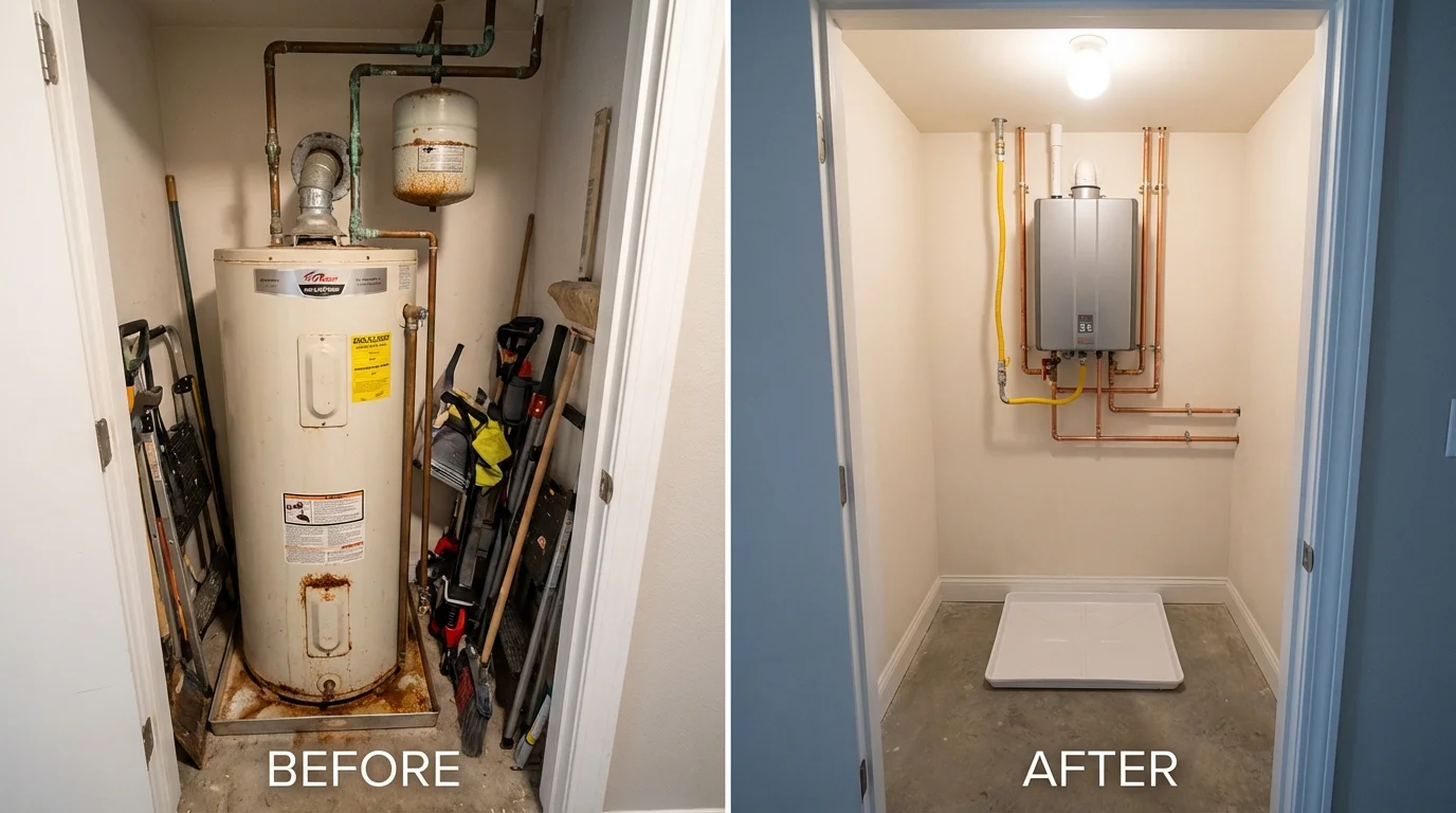 Tank water heater versus wall-mounted tankless unit comparison for Whitehall, WI homeowners