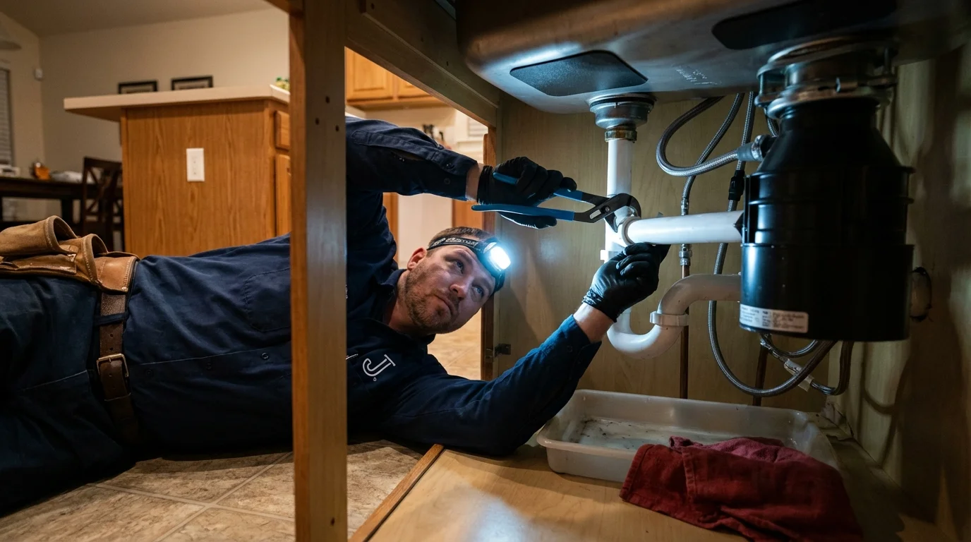 P-trap and supply line connections under a kitchen sink showing a common leak point in Whitehall, WI